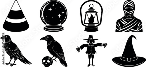 set of halloween element silhouette collection. Black and white vector. pmpkin, ghost, cat, horror house, witch, owl, raven bird, spider, witch hat