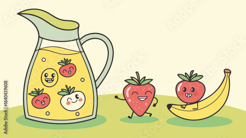 Cartoon fruit juice illustration with strawberry banana and tomato characters in a jug on green background