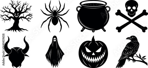 set of halloween element silhouette collection. Black and white vector. pmpkin, ghost, cat, horror house, witch, owl, raven bird, spider, witch hat
