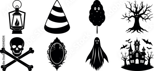 set of halloween element silhouette collection. Black and white vector. pmpkin, ghost, cat, horror house, witch, owl, raven bird, spider, witch hat