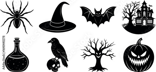 set of halloween element silhouette collection. Black and white vector. pmpkin, ghost, cat, horror house, witch, owl, raven bird, spider, witch hat