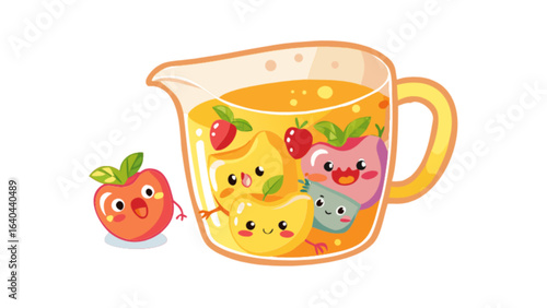 Cute fruit juice cartoon illustration vector design healthy drink fresh beverage apple strawberry peach plum