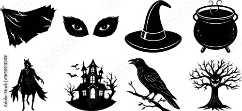 set of halloween element silhouette collection. Black and white vector. pmpkin, ghost, cat, horror house, witch, owl, raven bird, spider, witch hat