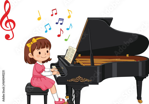 Cute little girl playing grand piano, child pianist practicing music, colorful musical notes, kids learning piano, joyful music, talent development