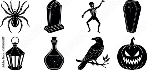 Set of halloween silhouettes black icon and character. witch, creepy and spooky elements for halloween decorations, sticker. Vectors on isolated background.