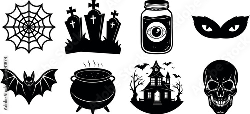 Set of halloween silhouettes black icon and character. witch, creepy and spooky elements for halloween decorations, sticker. Vectors on isolated background.