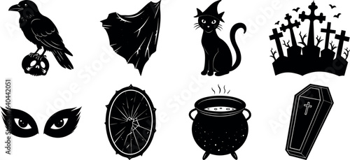 Set of halloween silhouettes black icon and character. witch, creepy and spooky elements for halloween decorations, sticker. Vectors on isolated background.