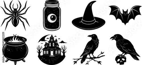 Set of halloween silhouettes black icon and character. witch, creepy and spooky elements for halloween decorations, sticker. Vectors on isolated background.