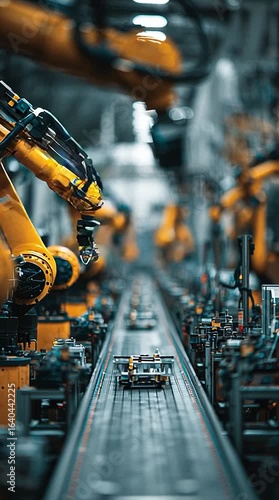 Automated assembly line with robotic arms, focused on automotive production