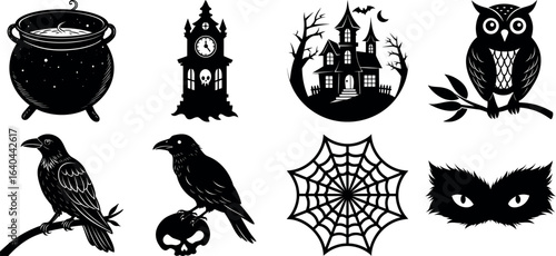 Set of halloween silhouettes black icon and character. witch, creepy and spooky elements for halloween decorations, sticker. Vectors on isolated background.