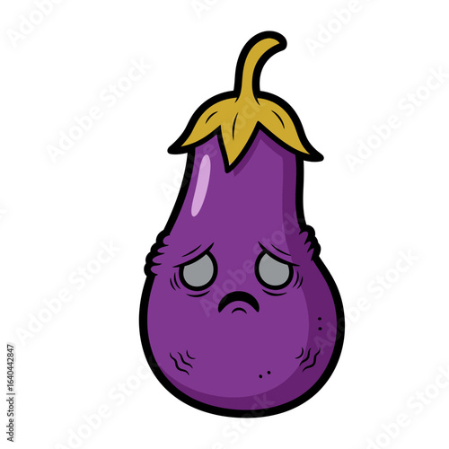 Cartoon eggplant character with a sad expression and drooping eyes