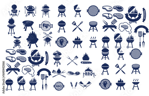 BBQ vintage emblem set. Barbeque retro icons Vector graphic for grill and steak house. Butcher illustration