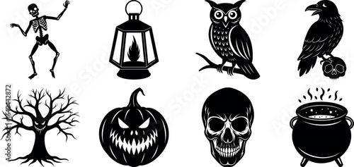 Set of halloween silhouettes black icon and character. witch, creepy and spooky elements for halloween decorations, sticker. Vectors on isolated background.