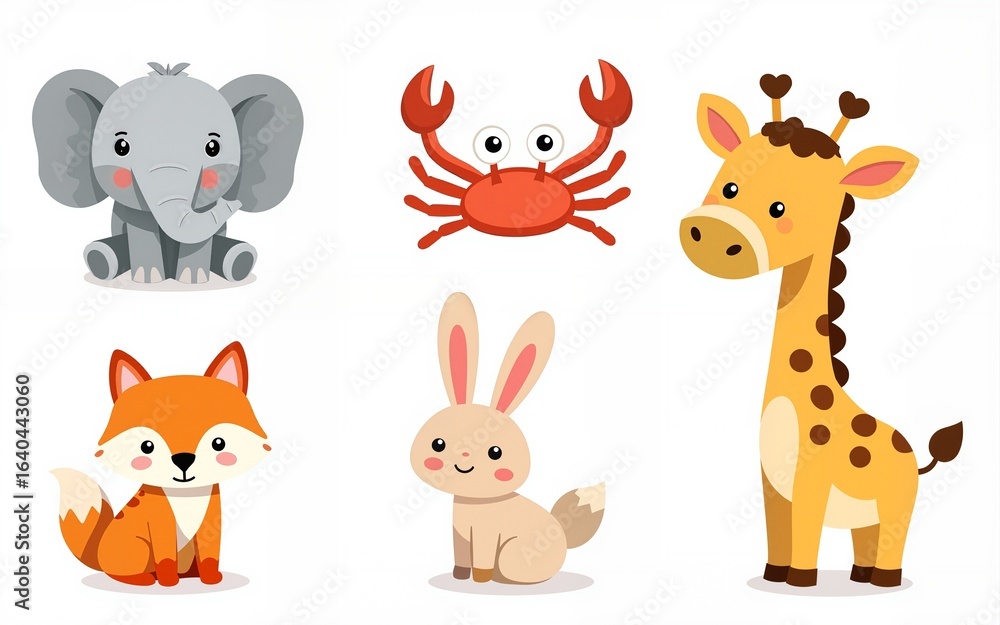 Naklejka premium Big set isolated animals. Vector collection funny animals. Cute animals: forest, farm, domestic, polar in cartoon style. Giraffe, elephant, crab, rabbit, fox. High quality