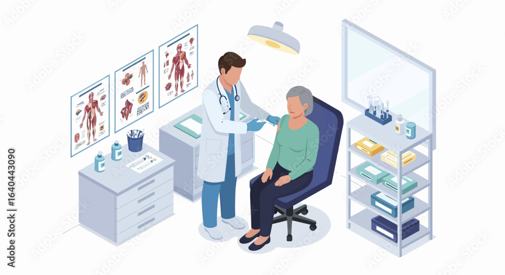 Naklejka premium Doctor Administering Injection to Patient in Isometric Medical Examination Room.