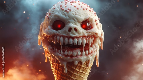 A spooky ice cream cone with a grotesque skull face, red glowing eyes, and dripping cream creates a chilling fusion of horror and dessert.