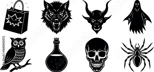 Set of halloween silhouettes black icon and character. witch, creepy and spooky elements for halloween decorations, sticker. Vectors on isolated background.
