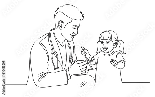 Doctor Examining a Child with a Medical Device in a OneLine Drawing.
