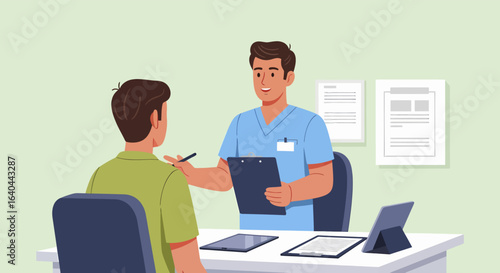 Doctor in blue scrubs consulting with a patient in a medical office.