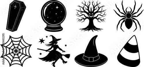 Set of halloween silhouettes black icon and character. witch, creepy and spooky elements for halloween decorations, sticker. Vectors on isolated background.