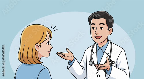 Friendly Doctor Discussing with Patient in Cartoon Style.