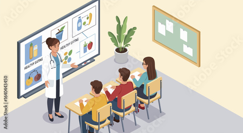 Nutritionist Teaching Healthy Eating to Students in Classroom Setting.