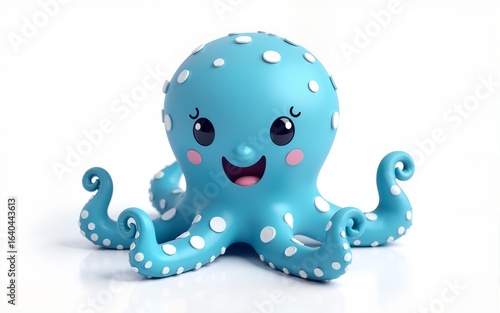 A 3D rendered illustration of a cartoon octopus is presented against a white background. The octopus is depicted with a bright blue body covered in small white spots. the octopus is cute and cuddly.