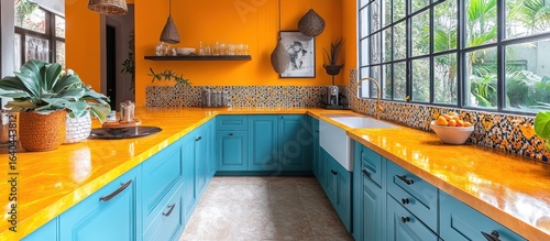 Vibrant teal kitchen with yellow countertop and orange walls.