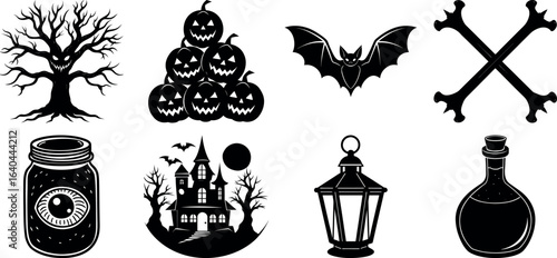 Set of halloween silhouettes black icon and character. witch, creepy and spooky elements for halloween decorations, sticker. Vectors on isolated background.