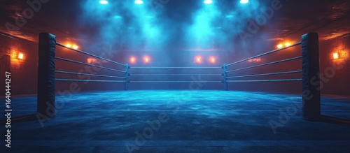 Empty boxing ring at night with blue and orange lighting.