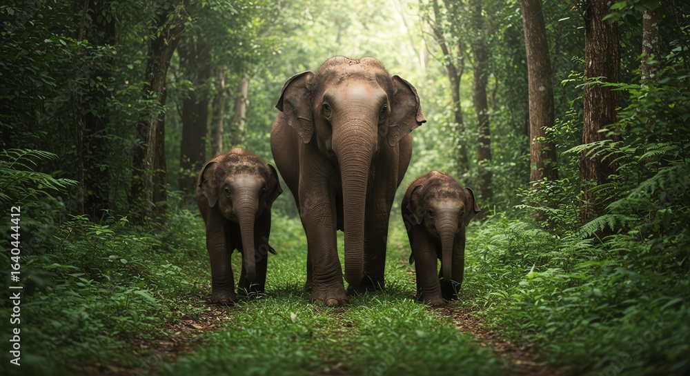 Fototapeta premium Family of Elephants Walking in Lush Green Forest During Daylight