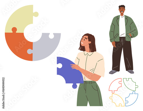 Two individuals holding puzzle pieces, completing a colorful circular design. Ideal for teamwork, problem-solving, collaboration, strategy, creativity, connection innovation. Clean layout