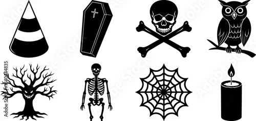 Set of halloween silhouettes black icon and character. witch, creepy and spooky elements for halloween decorations, sticker. Vectors on isolated background.