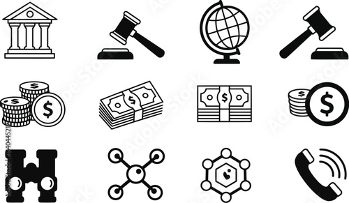 Financial legal icons money justice business tech