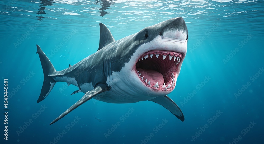 Fototapeta premium Large Great White Shark Swimming Underwater with Open Mouth Showing Sharp Teeth