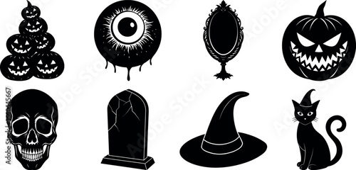 Set of halloween silhouettes black icon and character. witch, creepy and spooky elements for halloween decorations, sticker. Vectors on isolated background.