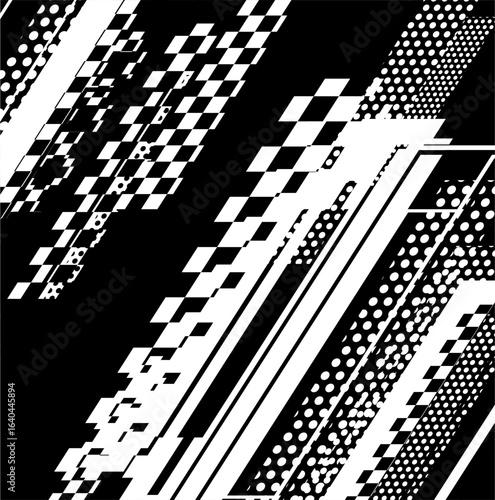 Abstract black & white pattern with lines, dots, & checkerboard