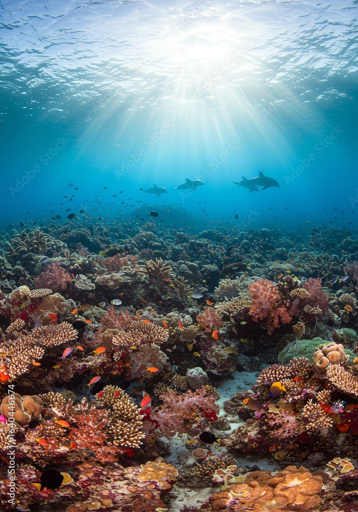 Fototapeta premium Underwater Coral Reef Scene with Sharks and Bright Sunlight in Clear Ocean Water
