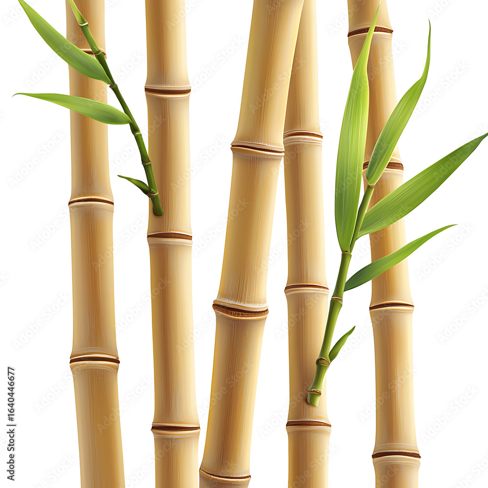 Fototapeta premium Arrangement of tan bamboo stalks with green leaves isolated on white background.