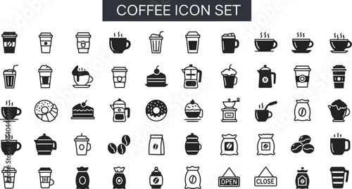 Coffee icons set cafe beverage graphics