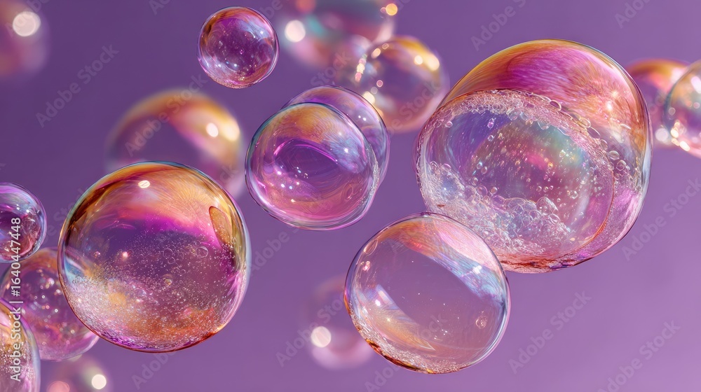 Colorful soap bubbles in motion against a purple backdrop Colorful soap bubbles in motion against a purple backdrop
