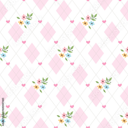 Sweet Floral Argyle with Hearts Seamless pattern. The soft pastel colors and playful layout make it perfect for girly textiles, nursery prints, baby shower decorations, scrapbooking, wrapping paper