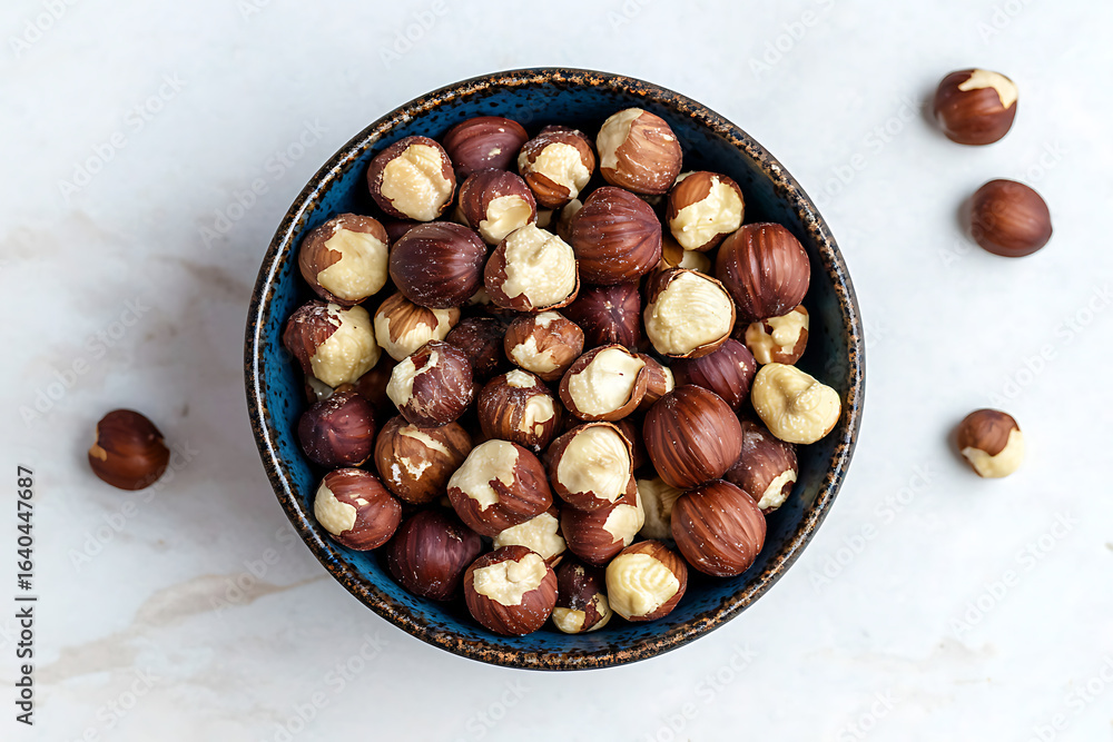 Obraz premium Top view of shelled hazelnuts in a blue bowl on a white surface with scattered nuts