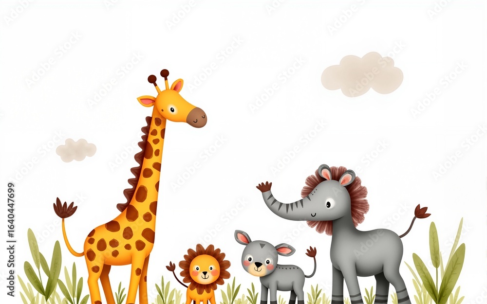 Naklejka premium Watercolor safari animals isolated on transparent background, baby illustrations. High quality