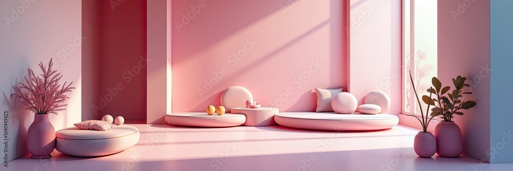 Fototapeta premium Pink interior scene with minimalist furniture and soft lighting.