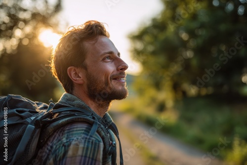 Profile view of a joyful male hiker strolling in the wild