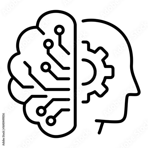 Half human head with brain and cog merged with circuit lines, symbolizing AI, machine learning, and human–machine collaboration.