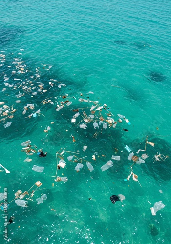Polluted Ocean Surface Filled with Plastic Waste and Debris