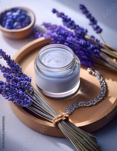 A serene spa counter with lavender-hued cream in frosted glass jar, surrounded by blooming lavender flowers and a deep blue sapphire necklace. Cool, calming blue and purple tones, overhead soft light 