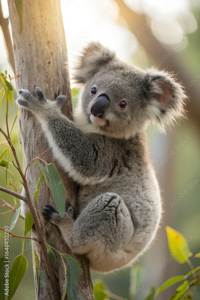 Fototapeta premium koala in tree , Cute Koala Climbing a Eucalyptus Tree
